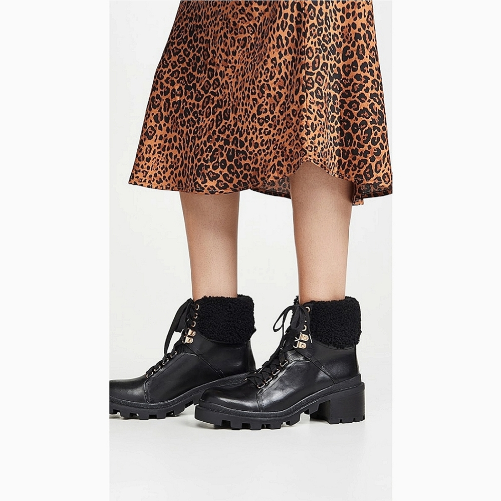 Alice + Olivia Hettie Sherpa Leather Moto Combat Boots Size 10 | Black Lug Sole - Picture 4 of 16